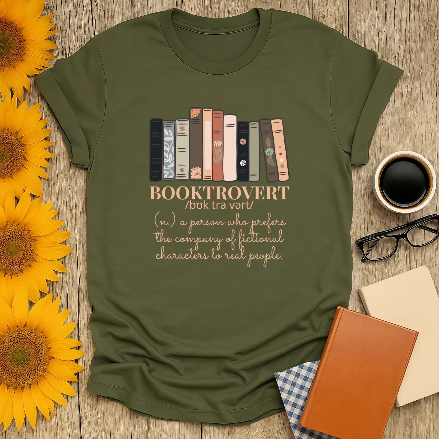 Booktrovert T-Shirt in olive green, relaxed fit, organic cotton, perfect cozy reader aesthetic gift for introverts 📖.