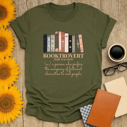 Booktrovert T-Shirt in olive green, relaxed fit, organic cotton, perfect cozy reader aesthetic gift for introverts 📖.