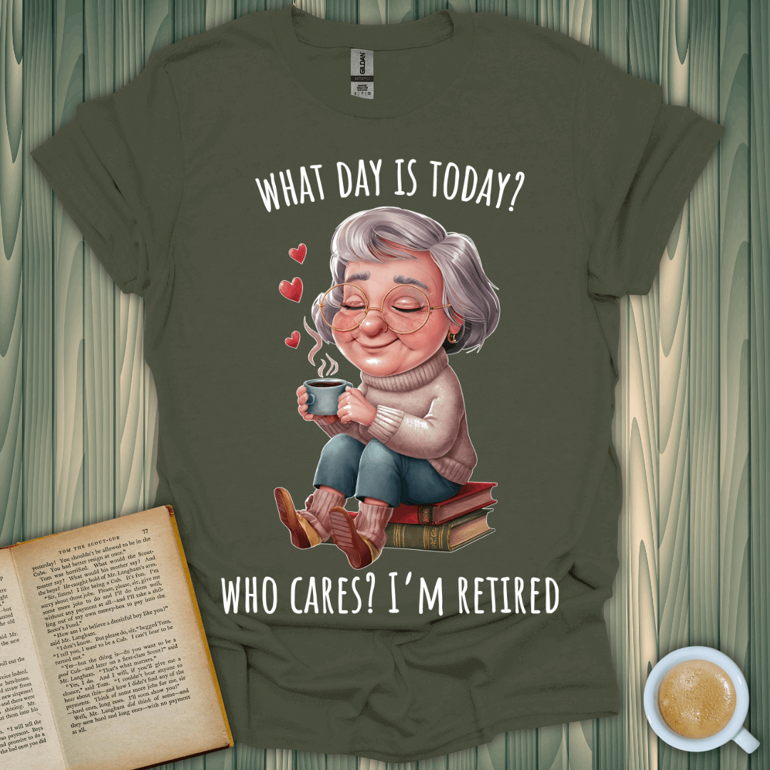 Retired & Relaxed T-Shirt featuring a cartoon grandma enjoying coffee, perfect for book lovers. Cotton, unisex, made in USA.