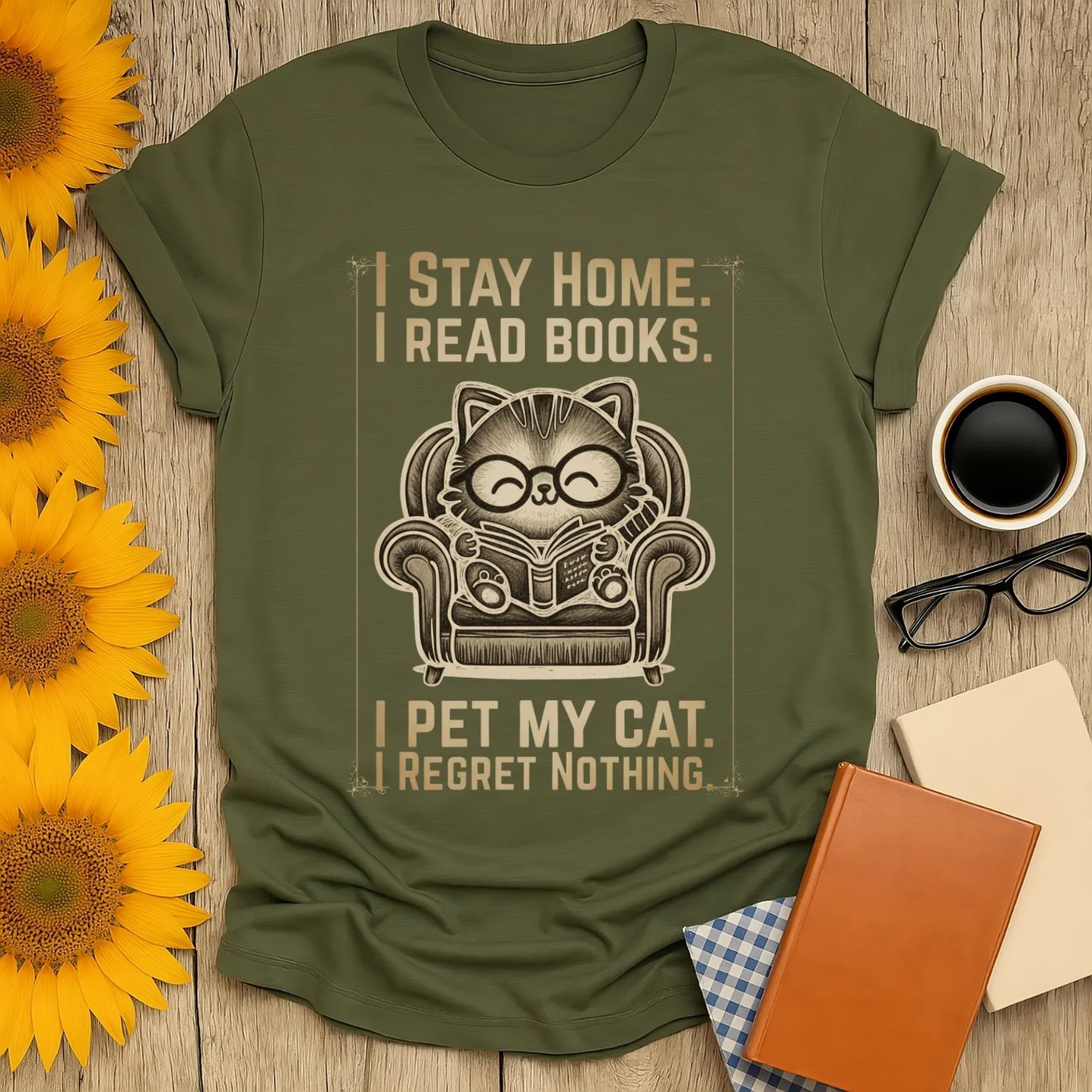 Vintage Cat Reader T-Shirt featuring a cozy cat in glasses reading on a chair, perfect for book lovers and cat fans!