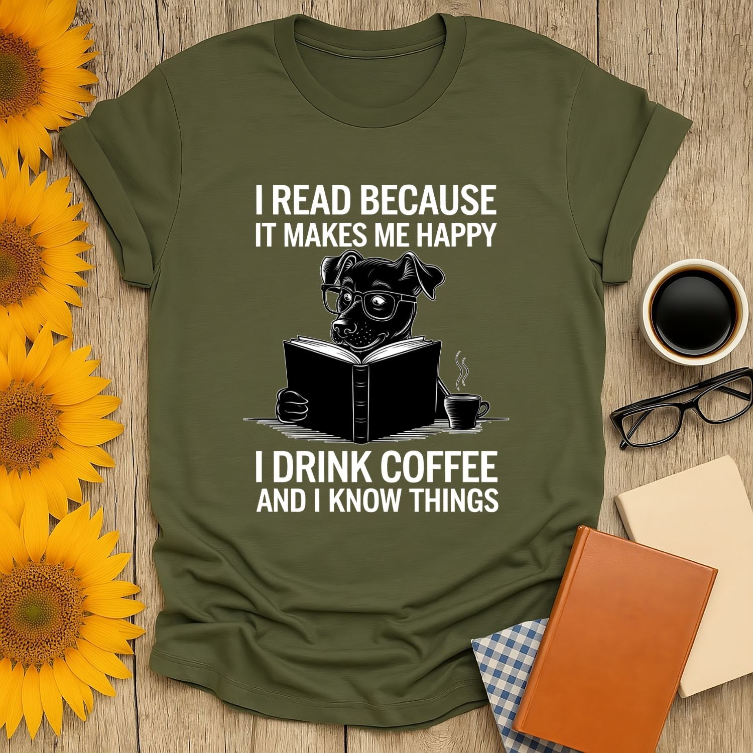 Caffeinated dog t-shirt for book lovers, featuring a playful dog reading and enjoying coffee.