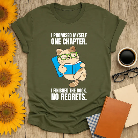 Cozy cat t-shirt with reading cat in glasses and text: 'I promised myself one chapter... No regrets.' Perfect for book lovers!