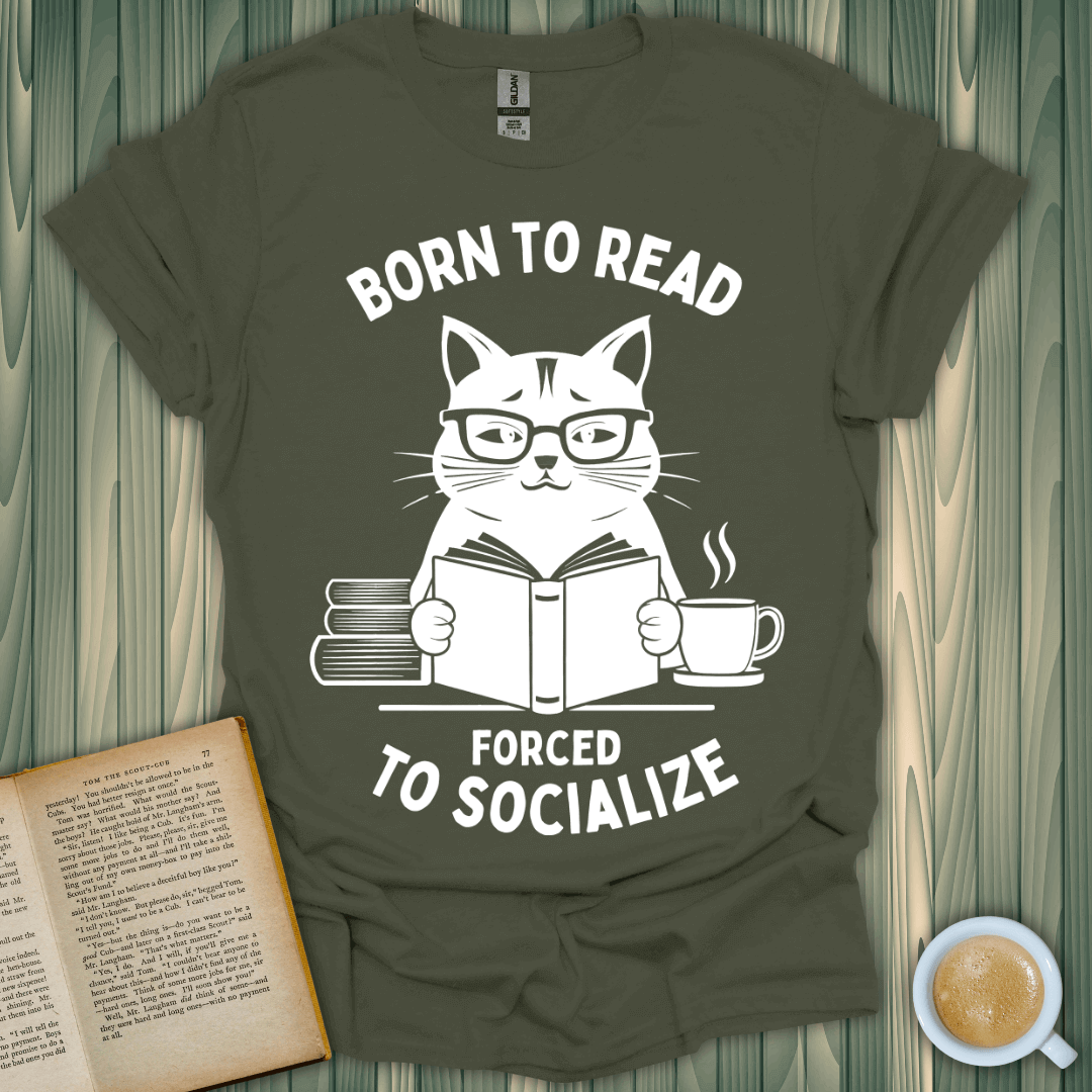 Born to Read T-Shirt featuring a cat, perfect for book lovers. Unisex fit in soft cotton, promoting reading and cozy vibes.