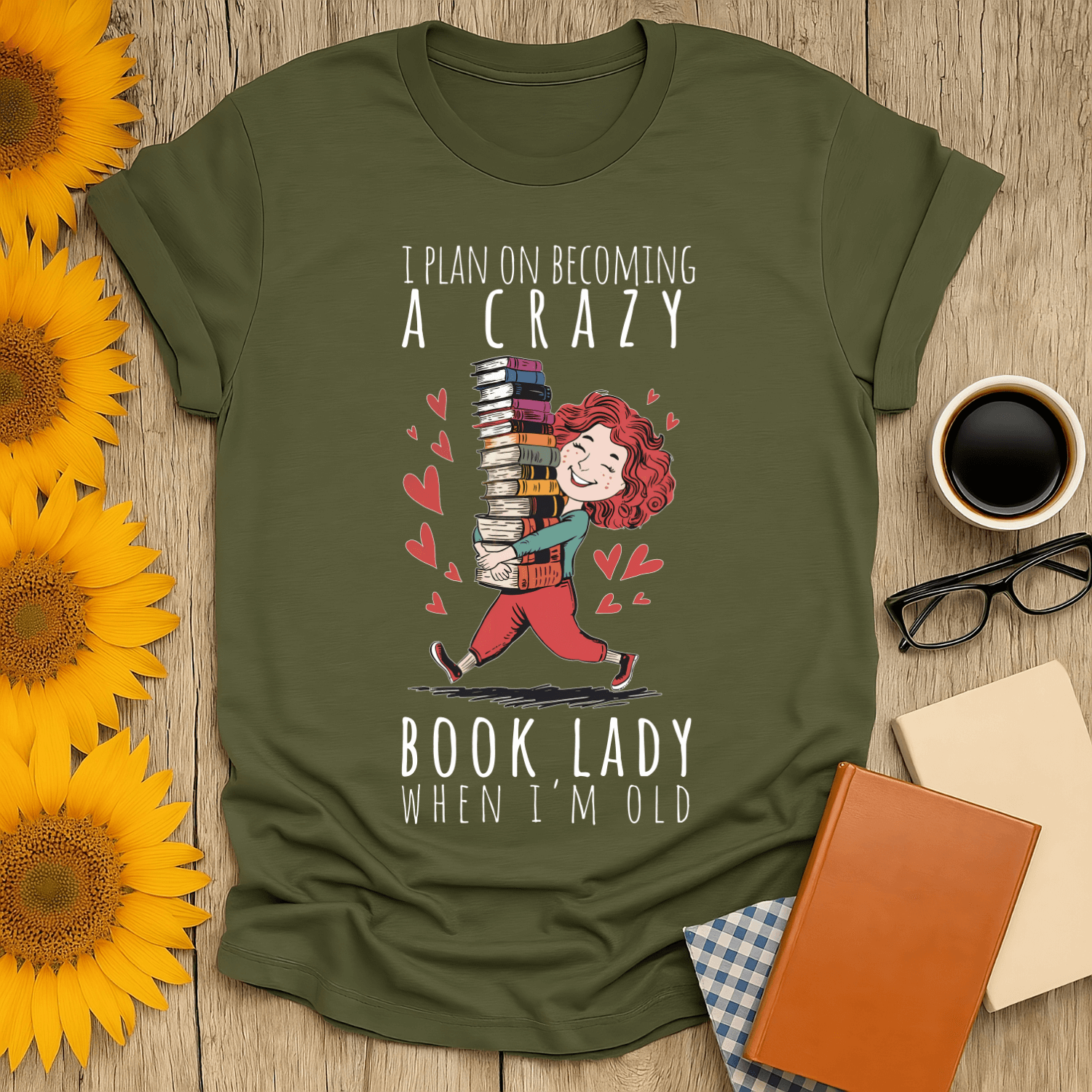 Funny book lady t-shirt with graphic design, perfect for book lovers and cozy reading enthusiasts.