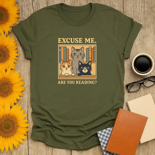 Funny cat reading shirt featuring three curious cats and the text 'Excuse Me, Are You Reading?' Perfect for book lovers.
