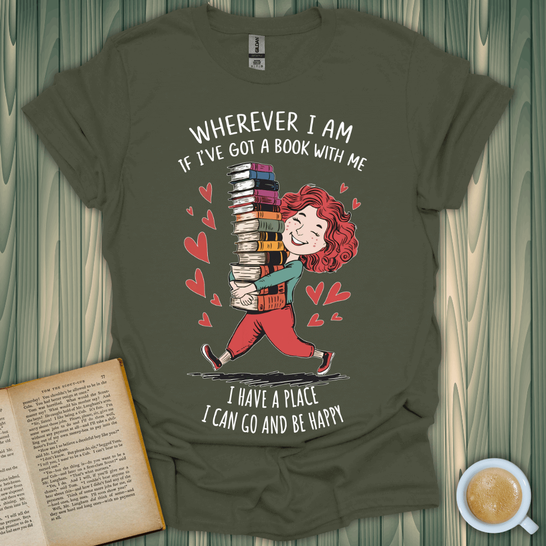 Bookish Escape T-Shirt featuring a joyful character carrying books with heart motifs, perfect for any book lover.