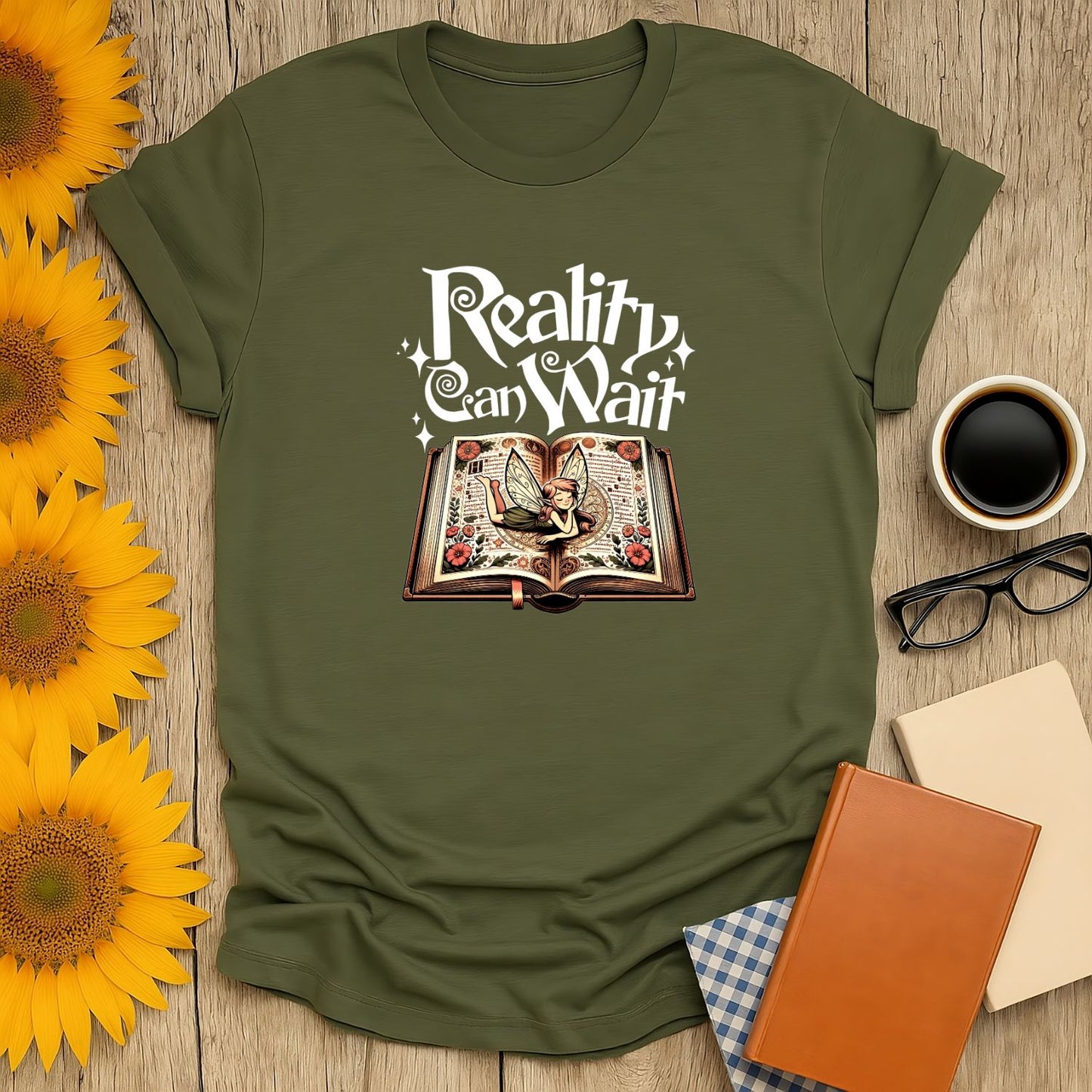 Funny reading tee with open book and butterfly illustration, perfect for book lovers who enjoy coffee, cats, and cozy reading moments.