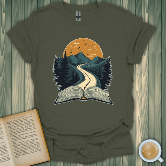 Starting Point T-Shirt featuring a book landscape design, perfect for book lovers, in soft, breathable cotton.