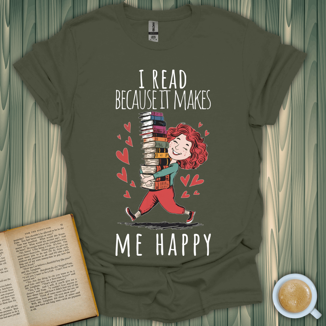 Book lover t-shirt featuring a joyful character holding books with hearts, celebrating the joy of reading.