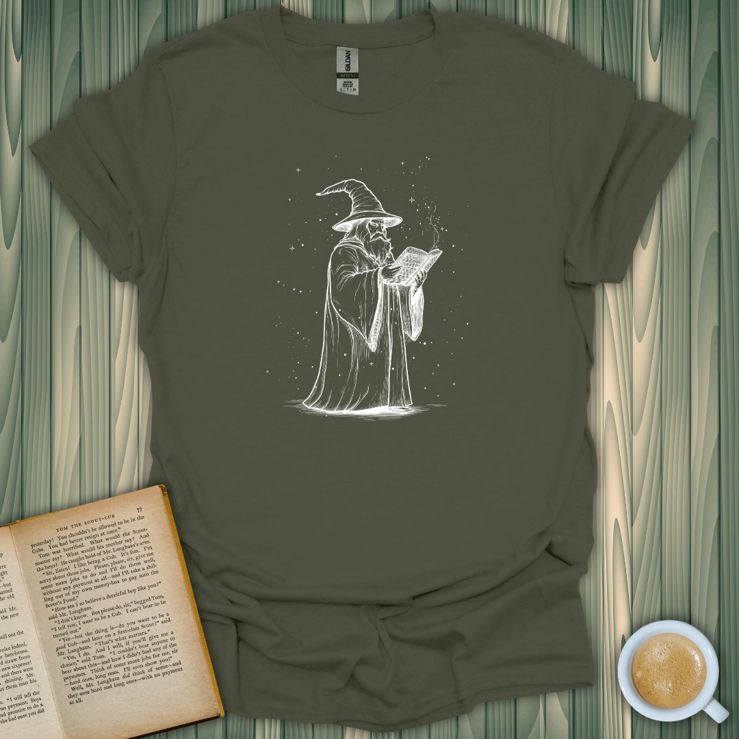 Unisex The Wizard's Grimoire T-Shirt for book lovers, featuring a magical wizard with a spellbook, made from breathable cotton.