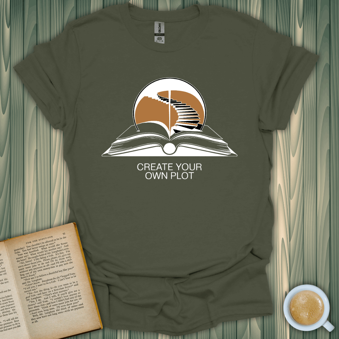 Unisex Create Your Own Plot T-Shirt for book lovers, green cotton tee featuring a unique book design.