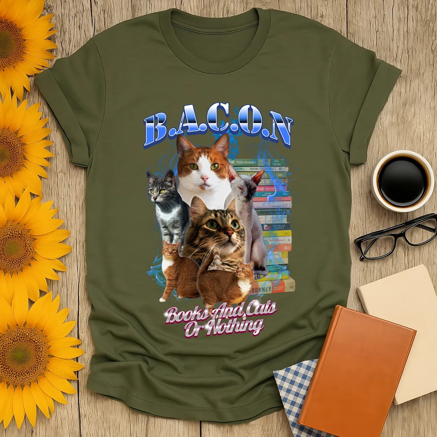 Books & Cats Or Nothing T-Shirt featuring playful cats and colorful books, perfect for book lovers and funny reading tee fans.