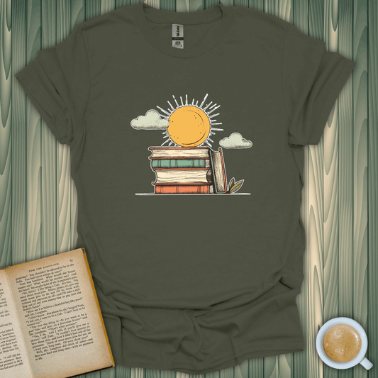 Literary Sunshine T-Shirt featuring a sun over stacked books, perfect for book lovers. 100% cotton, unisex fit.