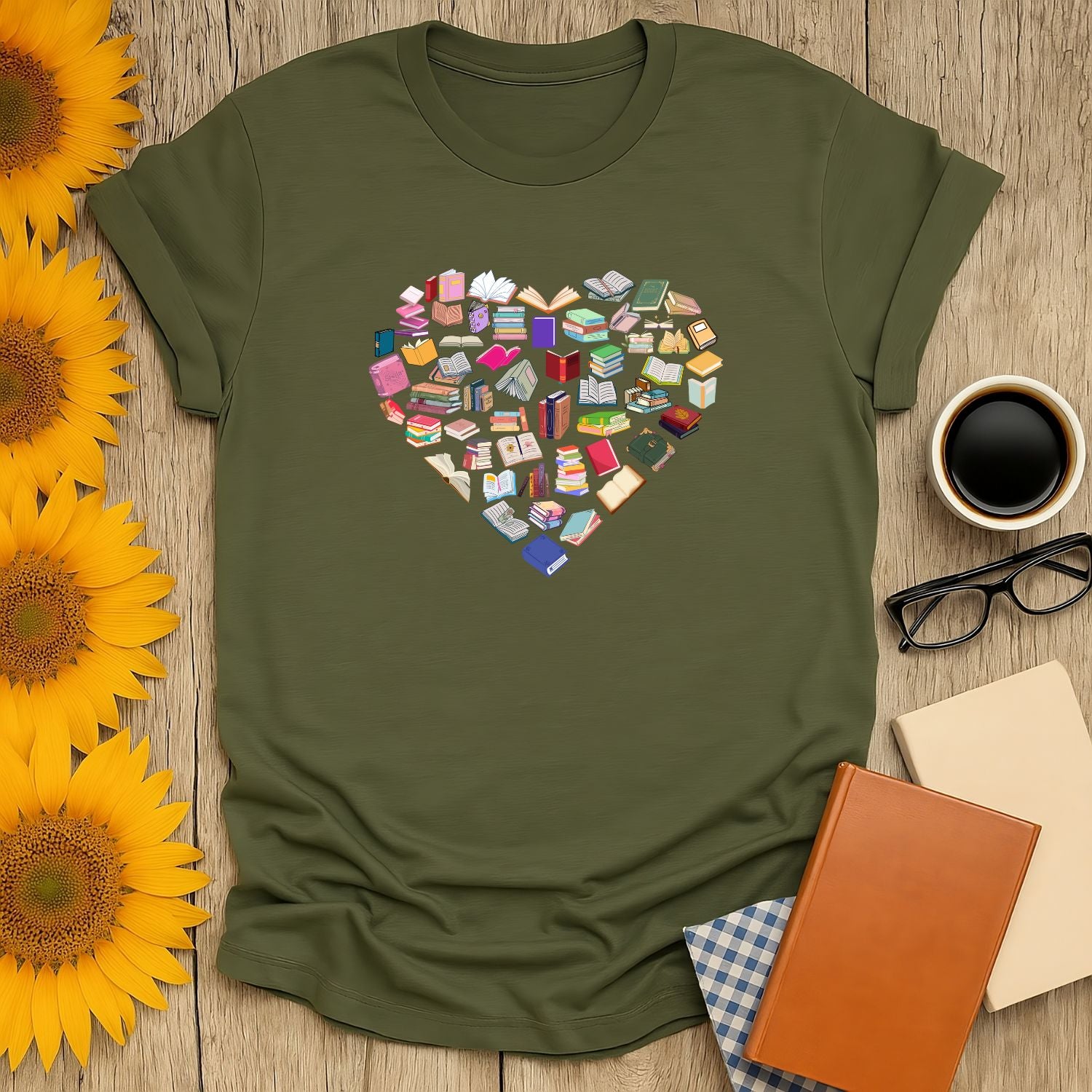 Heart of colorful books illustration on a cozy tee, perfect for book lovers, readers, and fans of bookish humor.