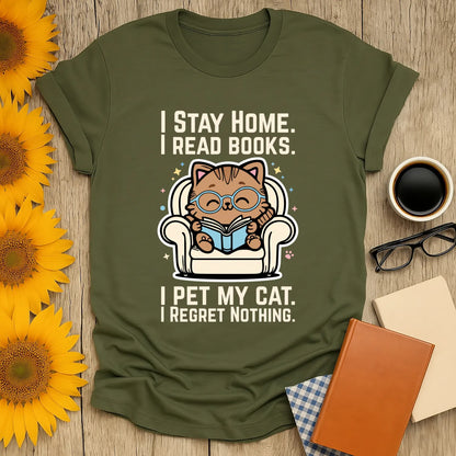 Starry Cat Reader T-Shirt featuring a cozy cat in glasses reading on a chair with text: "I Stay Home. I Read Books. I Pet My Cat. I Regret Nothing."