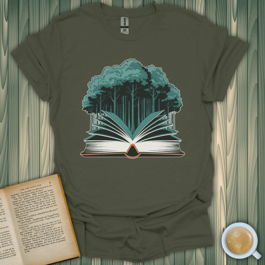 Rooted in Story T-Shirt for book lovers, featuring a premium screen-printed design of an open book and trees.