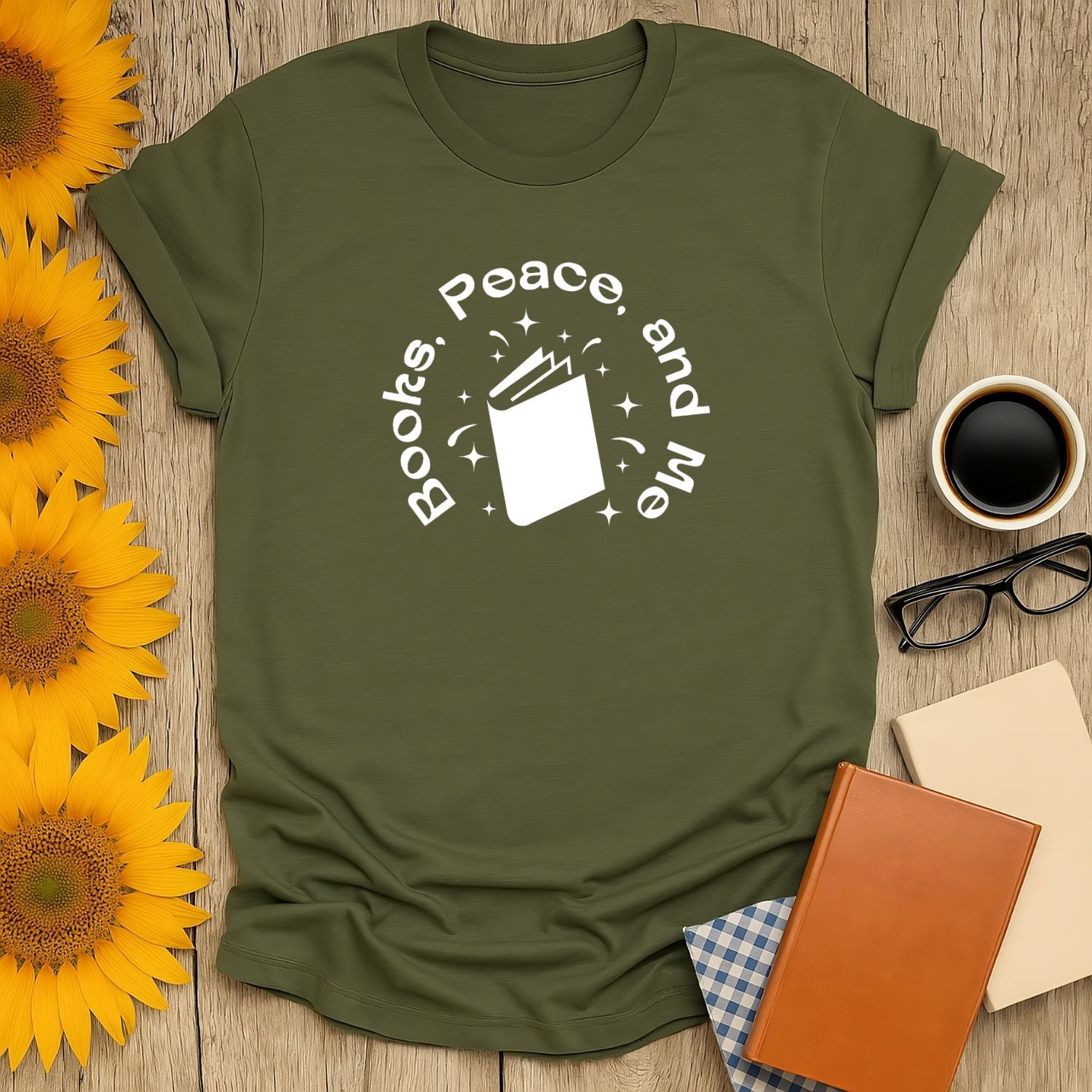 Books & Peace T-Shirt with a white book illustration and whimsical text, perfect for cozy book lovers, coffee, and cats.