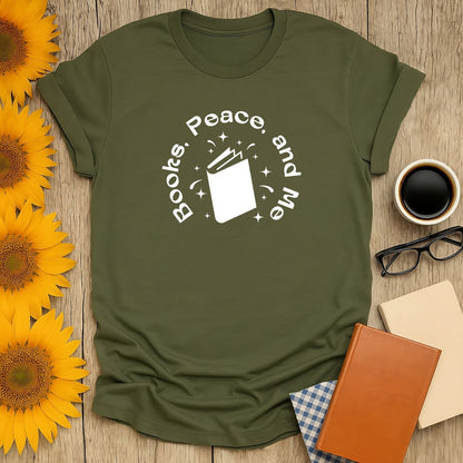 Books & Peace T-Shirt with a white book illustration and whimsical text, perfect for cozy book lovers, coffee, and cats.
