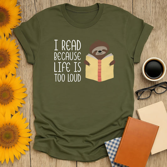 Unisex Quiet Escape T-Shirt featuring a sloth reading, perfect for book lovers. Made of soft, breathable cotton.