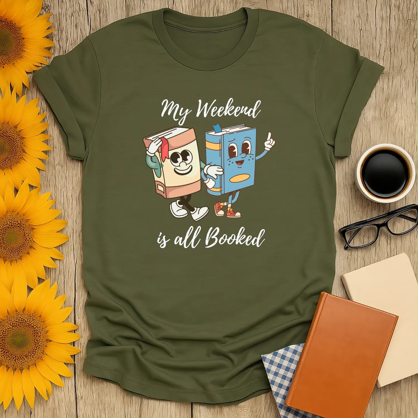 Funny book lover shirt featuring two happy books with the text 'My Weekend is all Booked'—a cozy gift for cat and coffee fans!
