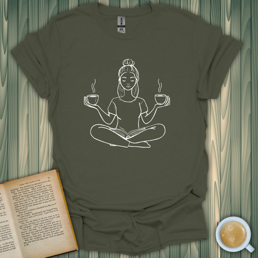 Unisex olive t-shirt featuring a woman meditating with coffee cups, perfect for book lovers.