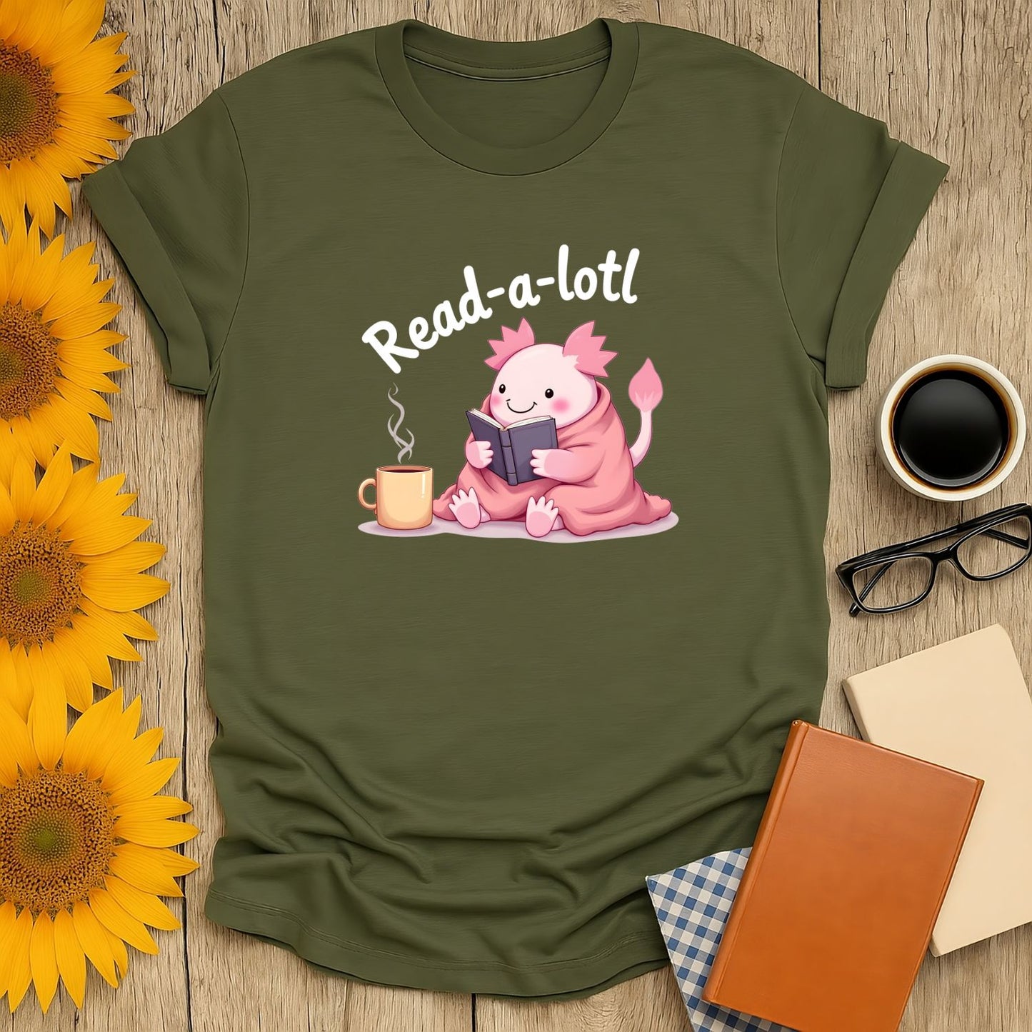 Read-a-lotl 2 T-Shirt featuring a cute axolotl reading, perfect for book lovers, made of soft ring-spun cotton.