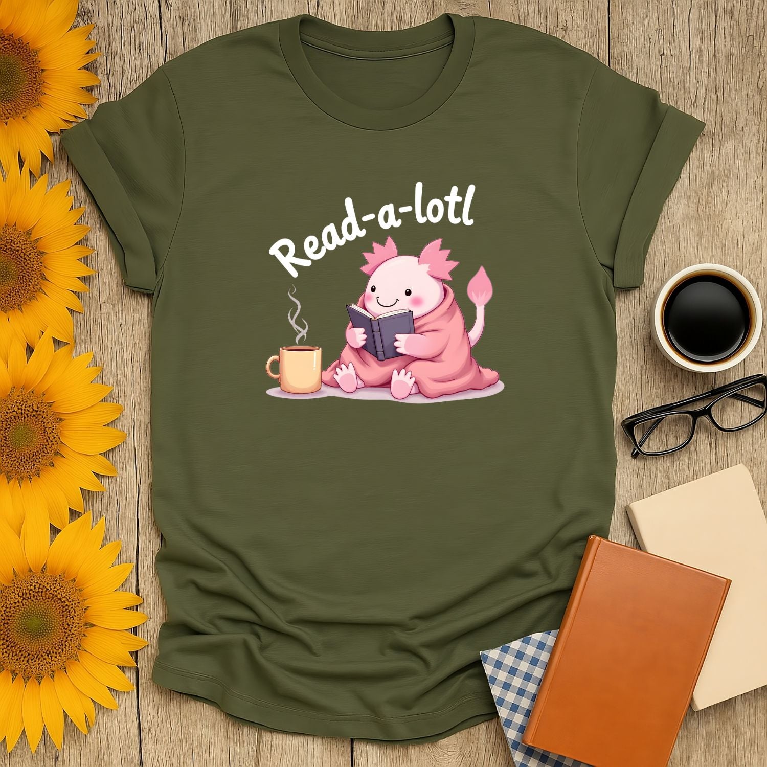 Read-a-lotl 2 T-Shirt featuring a cute axolotl reading, perfect for book lovers, made of soft ring-spun cotton.