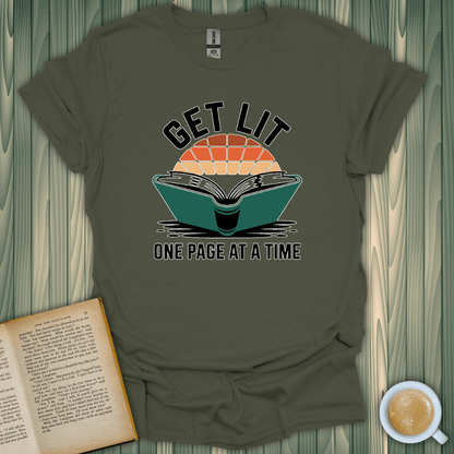 Get Lit Page by Page T-Shirt for book lovers in olive green, featuring vibrant screen-printed design and unisex fit.