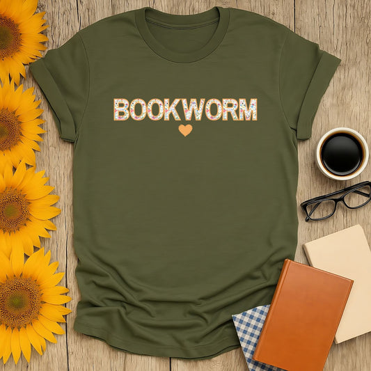 Floral Bookworm T-Shirt designed for book lovers, featuring premium print on a soft, olive green cotton shirt.