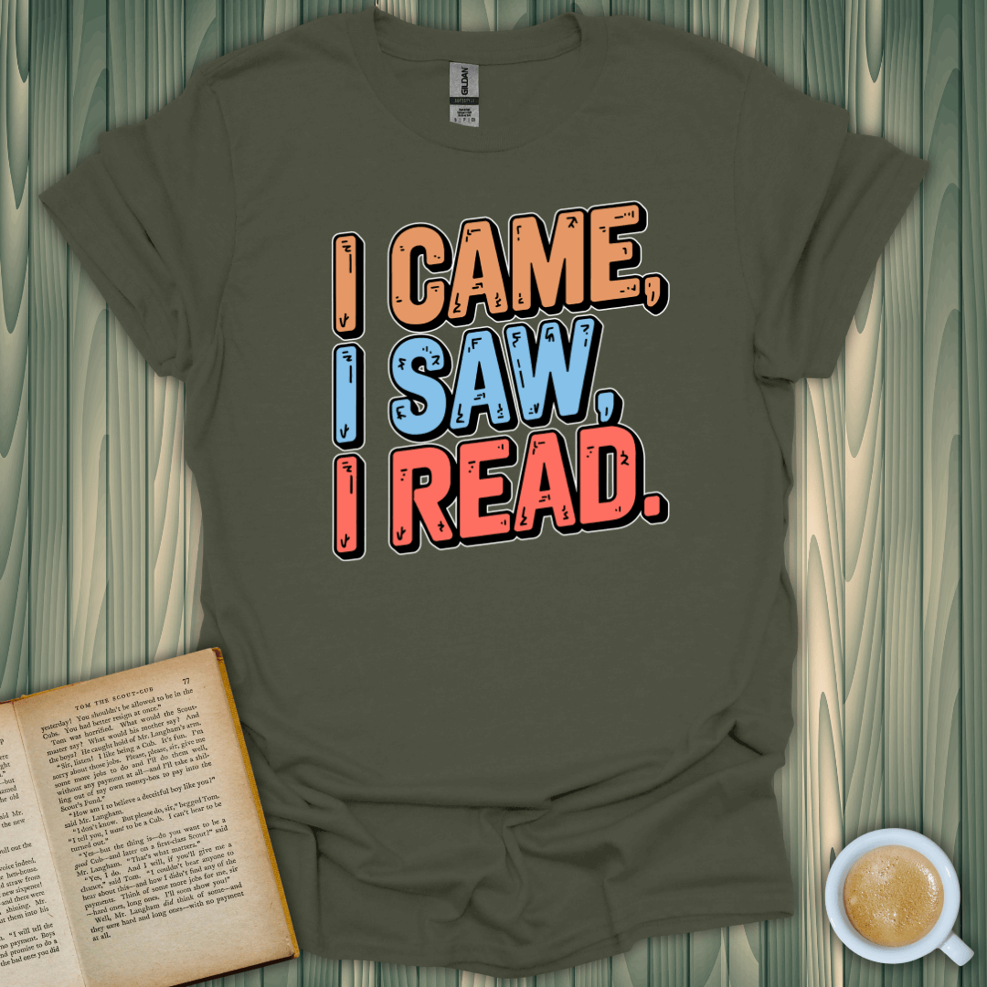 I Came, I Saw, I Read T-Shirt for book lovers, made from 100% cotton, perfect for reading enthusiasts.