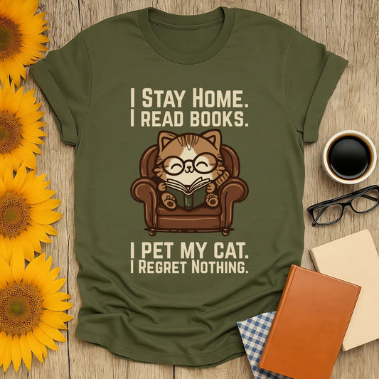 Armchair Cat Reader T-Shirt featuring a cozy cat in glasses reading on an armchair, perfect for book lovers and cat enthusiasts.