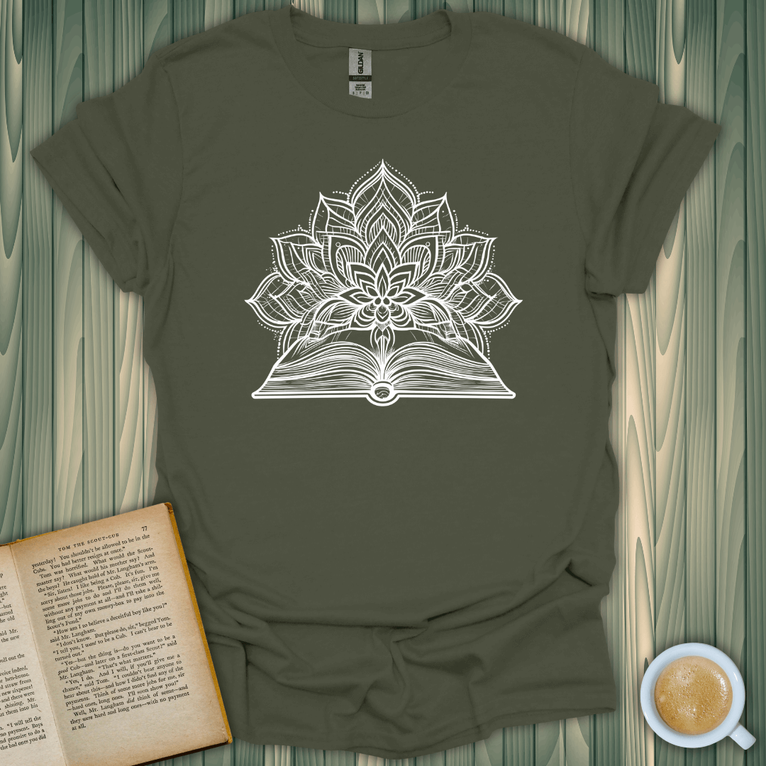 Path to Harmony T-Shirt featuring a lotus and book design, perfect for book lovers. Made of soft, breathable cotton.