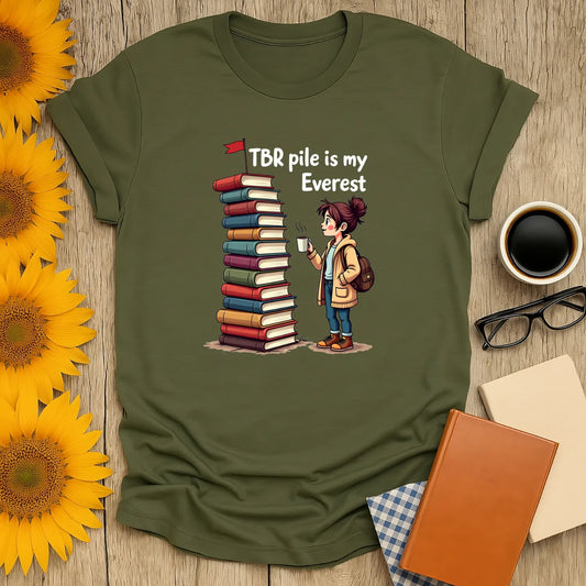 Bookish Everest T-Shirt featuring a cute reader with a stack of books, relaxed fit organic cotton tee, perfect for book lovers 📖.