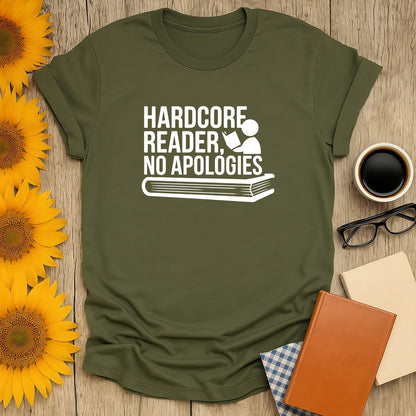 Hardcore Reader T-Shirt featuring a reader on a book, ideal for book lovers who cherish cat, coffee, and cozy vibes.