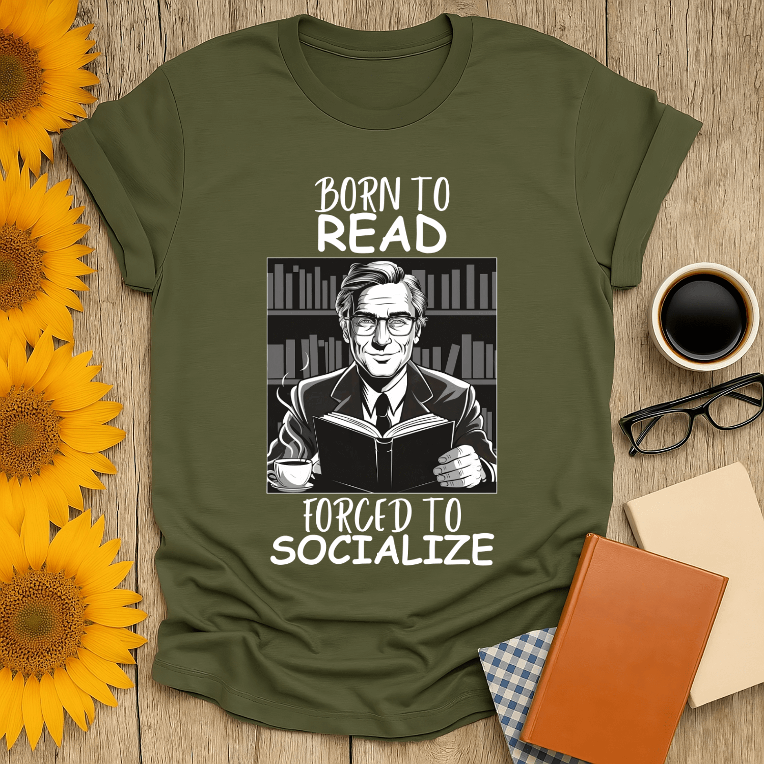 Born to Read Forced to Socialize T-Shirt featuring book lover design, perfect for bibliophiles and casual wear.