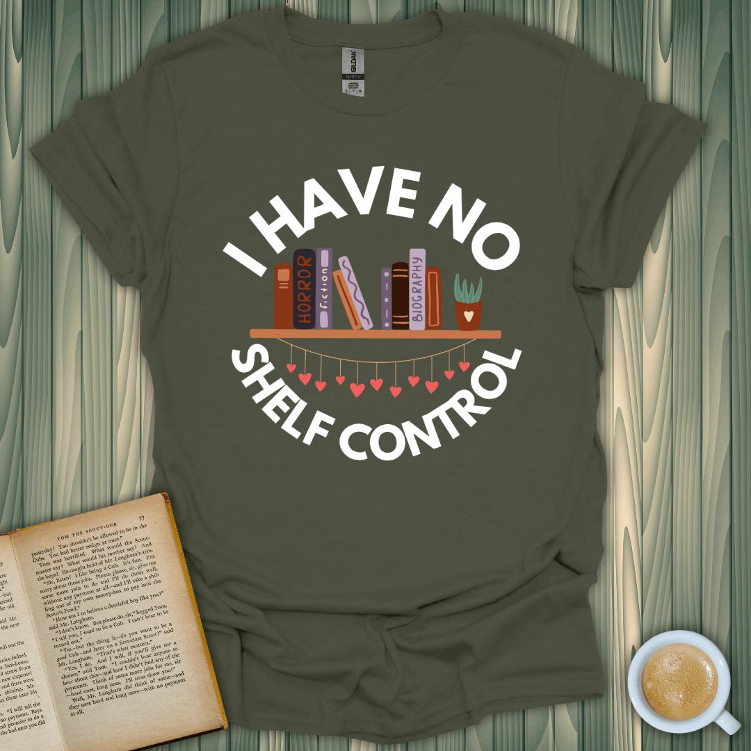 No Shelf Control T-Shirt design for book lovers, featuring playful graphics and text on a unisex fit shirt.