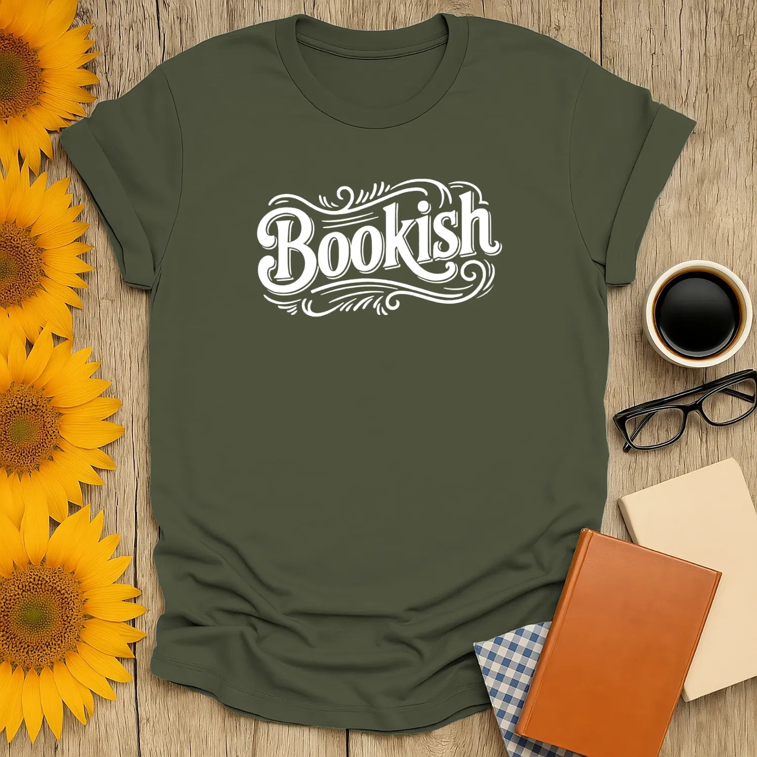 Olive green "Bookish" tee, perfect for cozy readers who love cats, coffee, and books. Ideal gift for book lovers!
