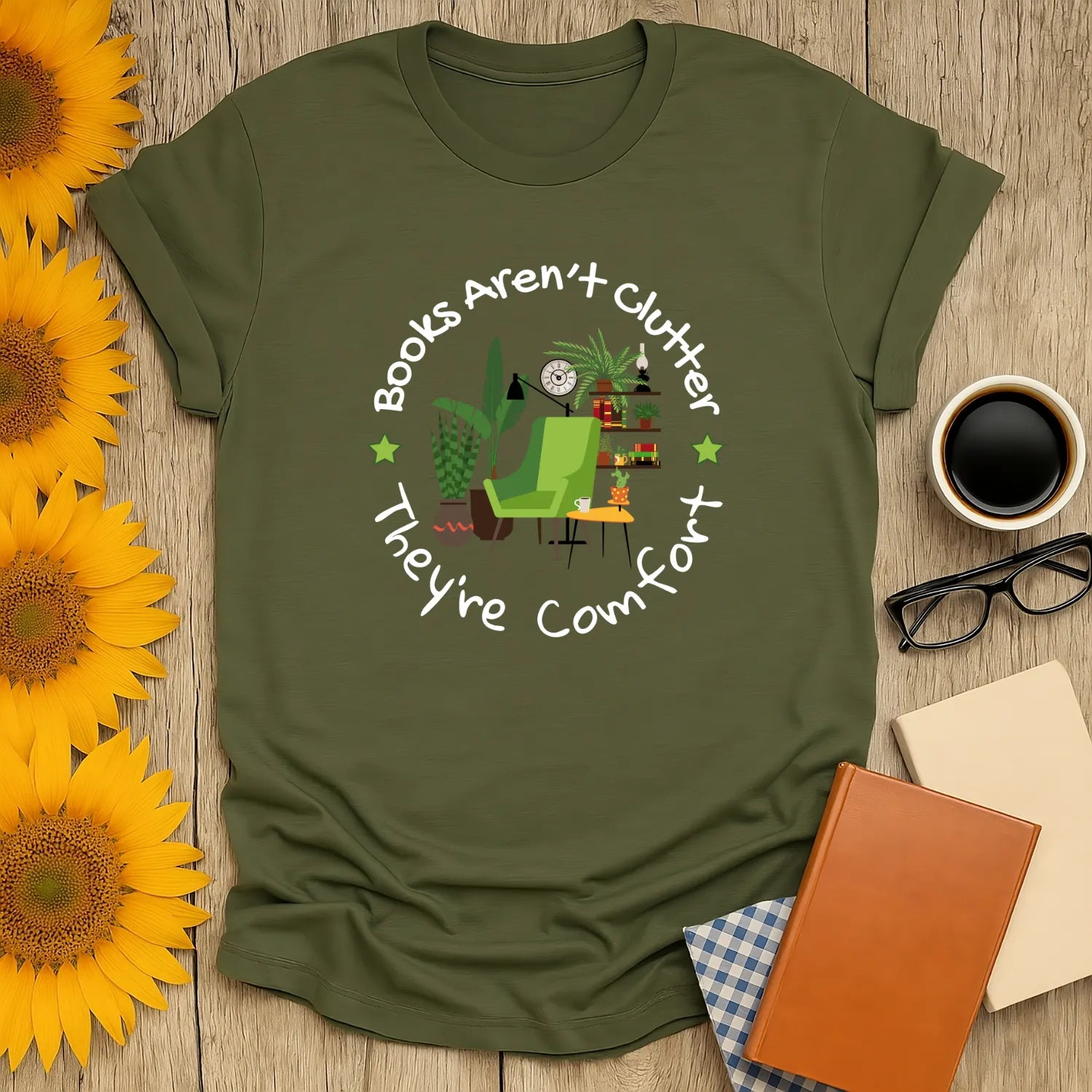 Bookish Comfort Zone T-Shirt in olive green, cozy reading design, relaxed fit unisex shirt, perfect gift for book lovers 📖