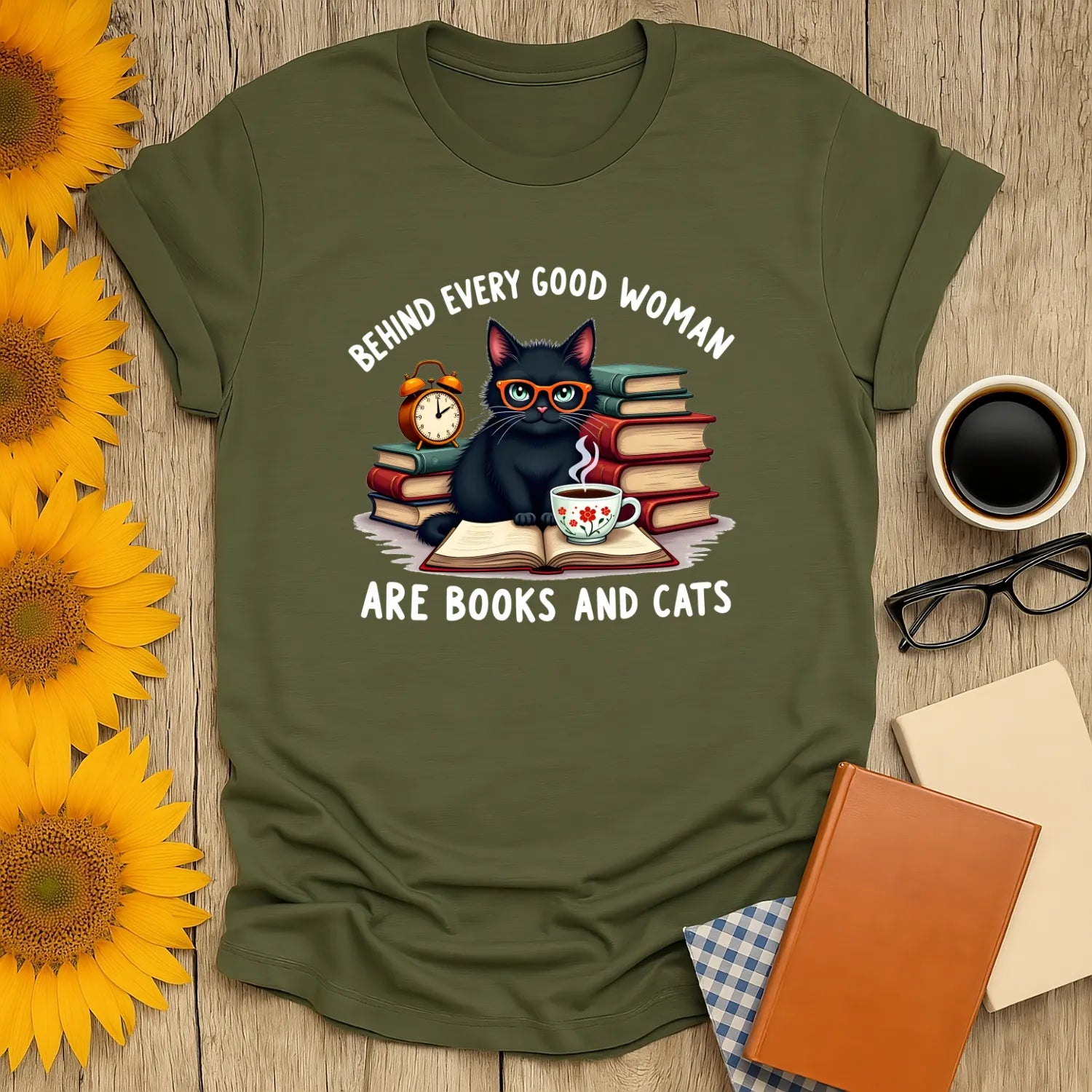 Midnight Bookworm T-Shirt with a black cat, books, and a tea cup, perfect for book lovers and cat enthusiasts.