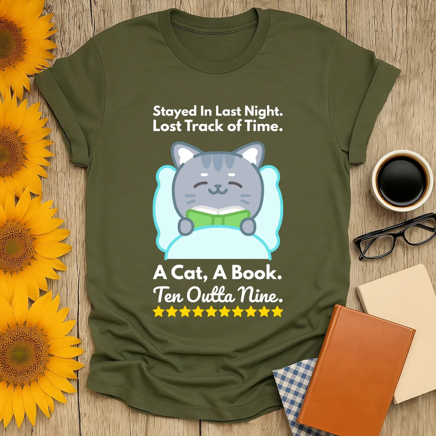 Ten Outta Nine T-Shirt featuring a cute cat reading, perfect for book lovers who enjoy cozy nights with coffee or tea.