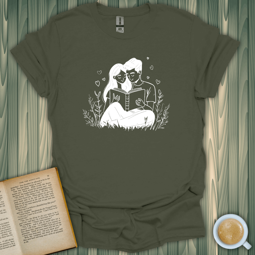 Chapter of Us T-Shirt for book lovers featuring a couple reading together, made from soft, breathable cotton.