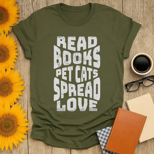 Spread Bookish Love T-Shirt featuring a vintage-style print with text: 'Read Books, Pet Cats, Spread Love' on an olive tee.