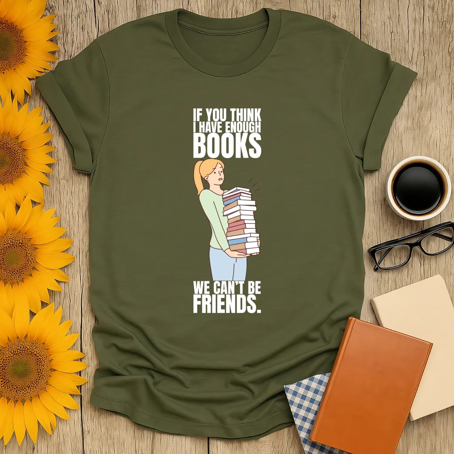 Book Friends Only T-Shirt in organic cotton, relaxed fit, perfect for book lovers and introverts 📖. Ideal cozy reading outfit.