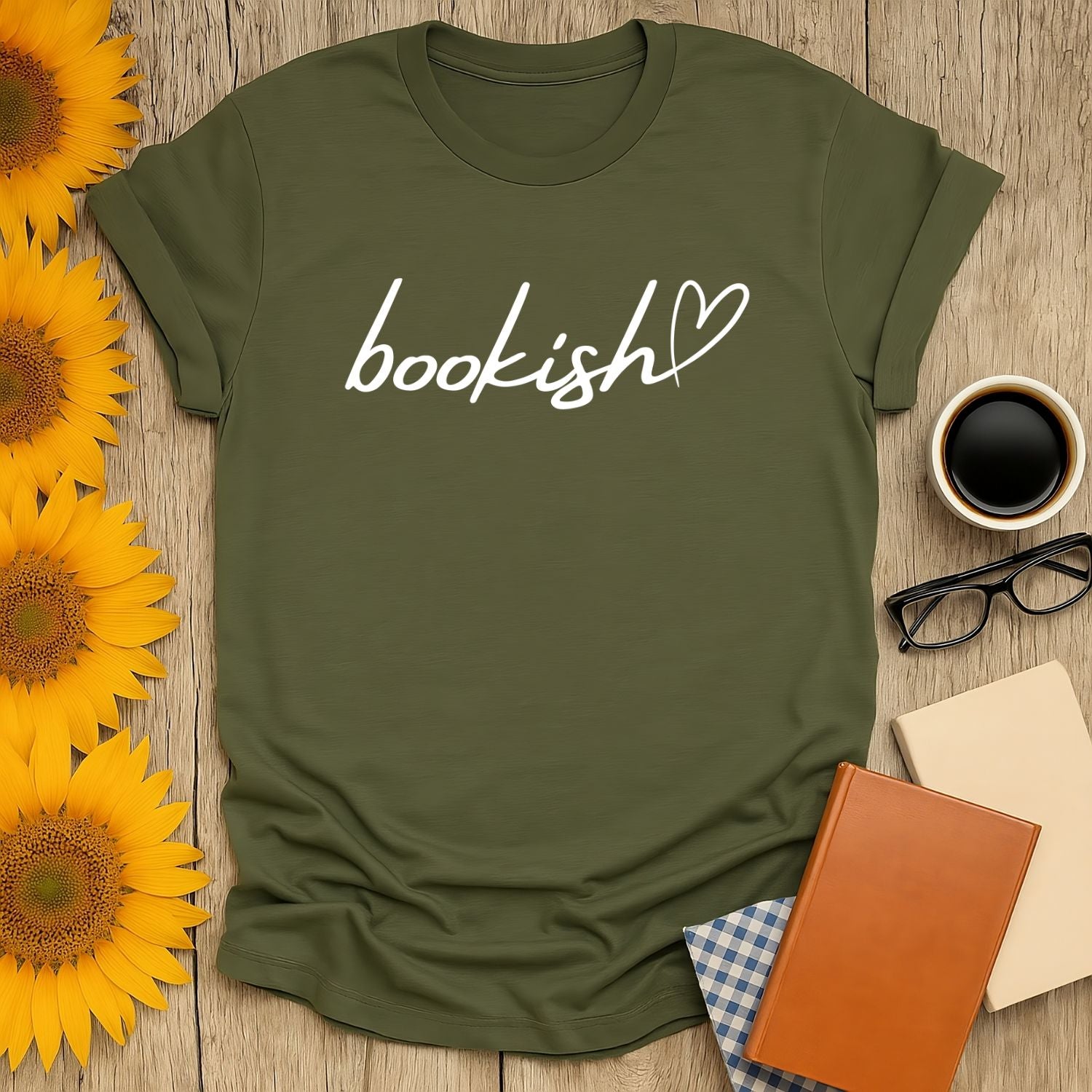 Bookish Love T-Shirt in olive green, featuring playful 'bookish' script – a perfect cozy tee for cat, coffee, and tea lovers.