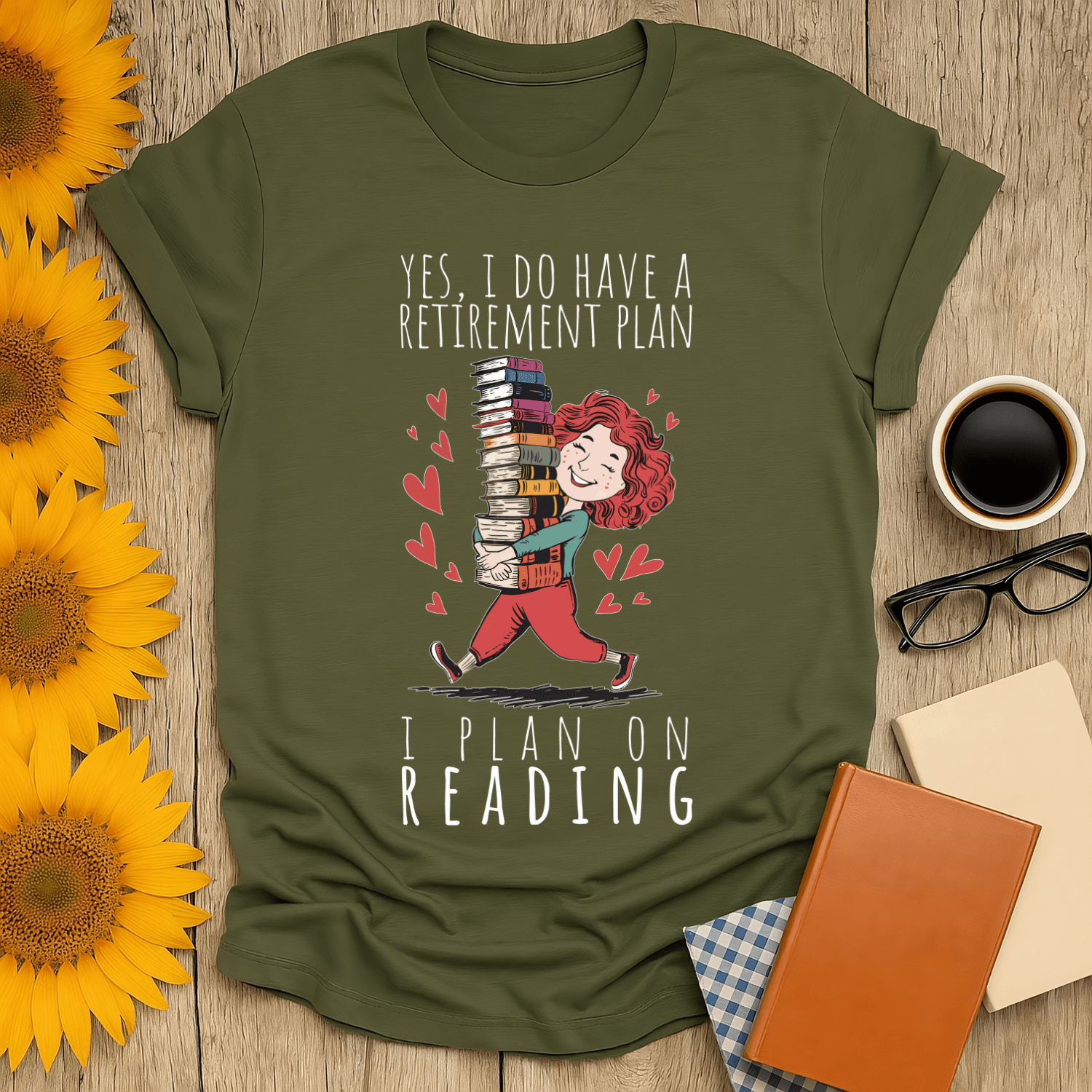 Funny retirement plan t-shirt featuring a cartoon character with books, perfect for book lovers.