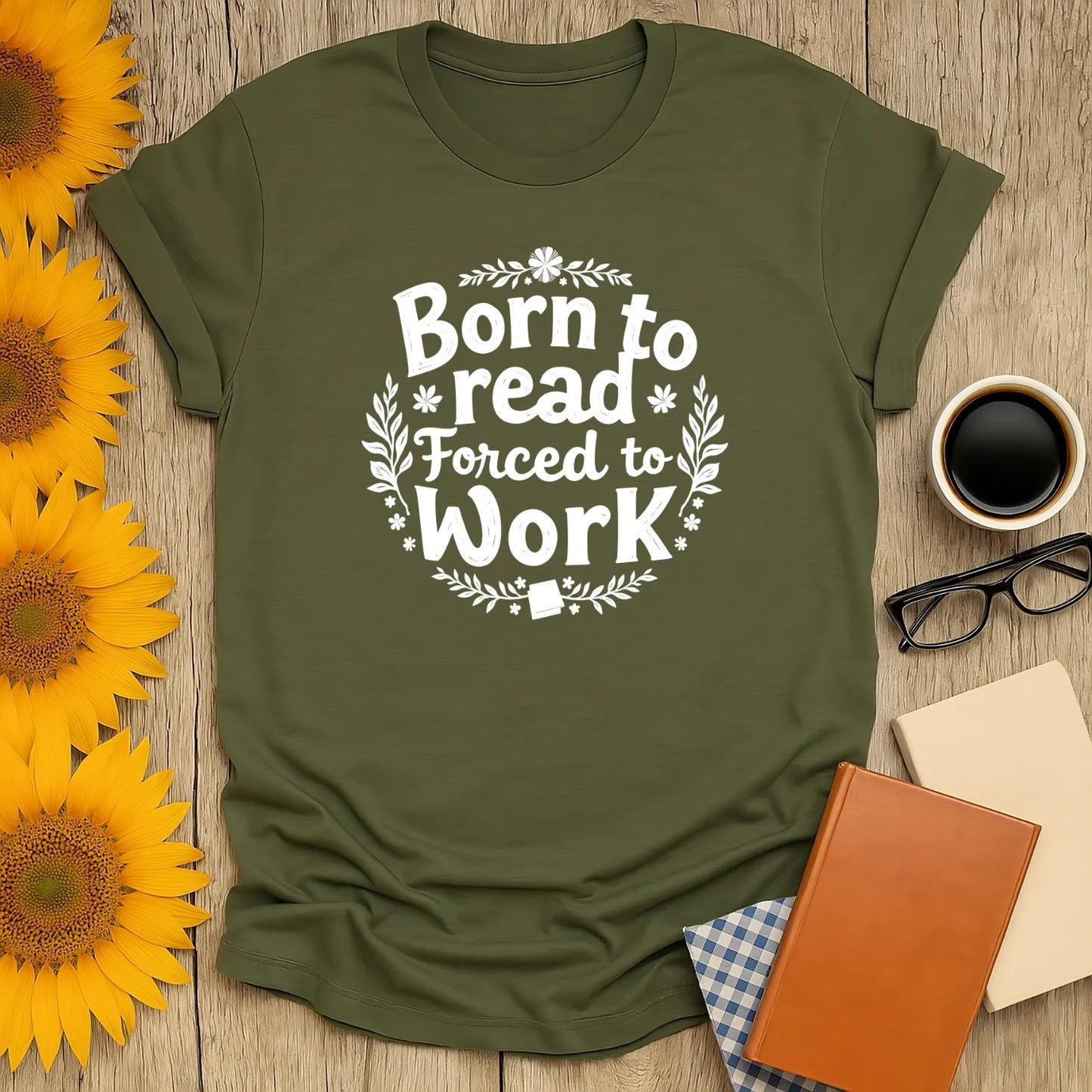Ink & Imagination T-Shirt featuring 'Born to Read Forced to Work' design, a relaxed fit unisex shirt for book lovers 📖
