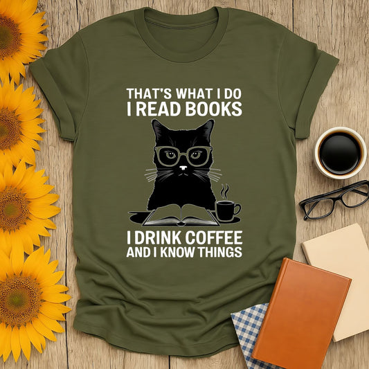 Coffee & Cat Wisdom T-Shirt for book lovers, featuring a playful cat design and soft fabric, perfect for casual wear.