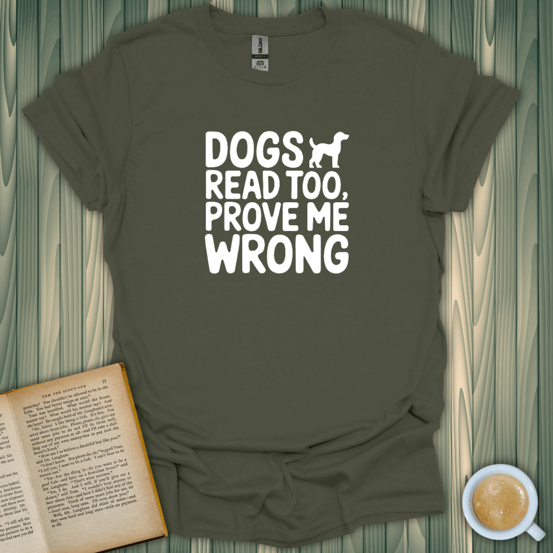 Dogs Read Too T-Shirt for book lovers, made from soft cotton with a fun screen-printed design.