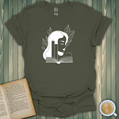 Unisex green t-shirt featuring a book lover design with a silhouette and leaves, perfect for readers.