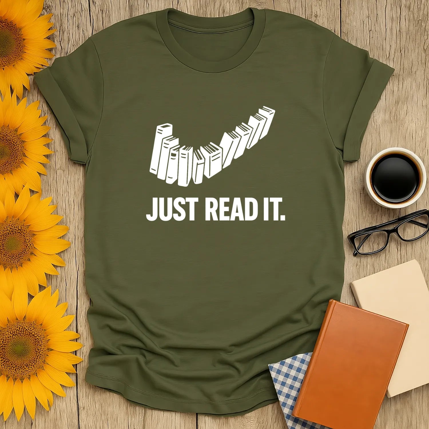 Just Read It T-Shirt featuring stacked books and witty text, perfect for book lovers and cozy reading moments.
